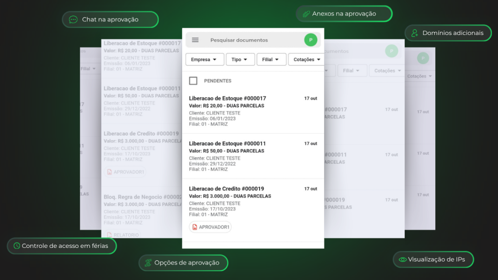 Telas da plataforma Aprovador empilhadas